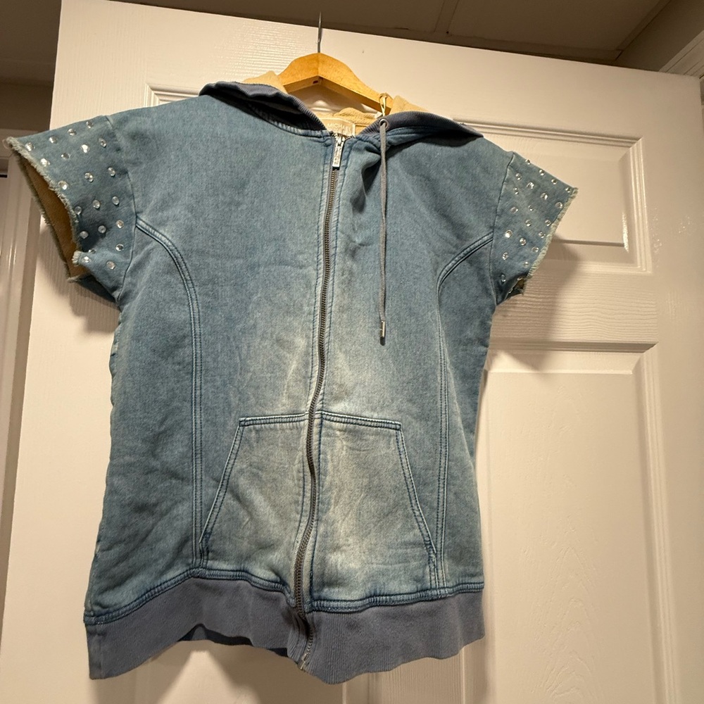Michael Kors Blue Hooded Vest with Studded Sleeves